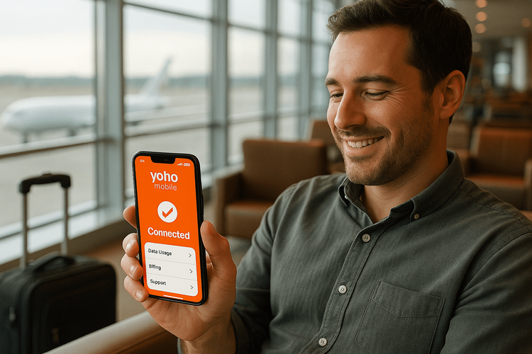 A happy traveler in an airport using their phone with a stable Yoho Mobile eSIM connection, demonstrating successful troubleshooting.