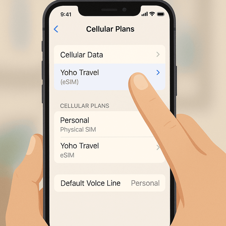 Screenshot showing how to manage dual SIM settings and select an eSIM for cellular data.