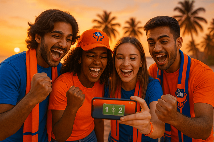 Excited football fans using a smartphone with a Yoho Mobile eSIM on a beach in Goa during their trip to see an FC Goa match.