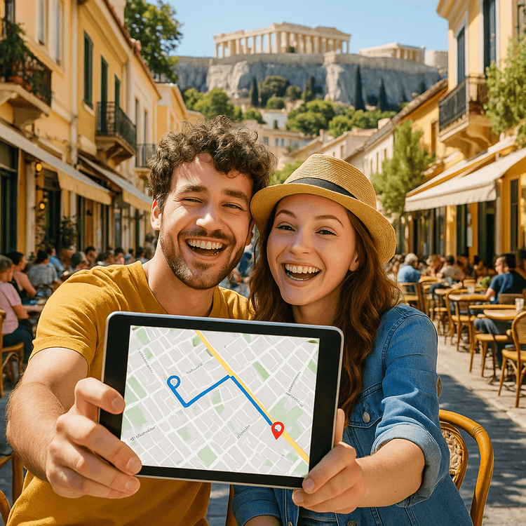A couple using a tablet for directions at a cafe in Athens, with the Acropolis in the background, demonstrating the utility of a travel eSIM.