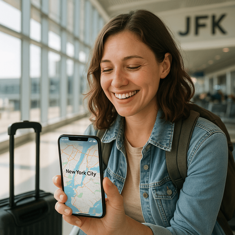 A traveler smiling with relief as she gets instant internet access on her phone at JFK airport using a Yoho Mobile eSIM.