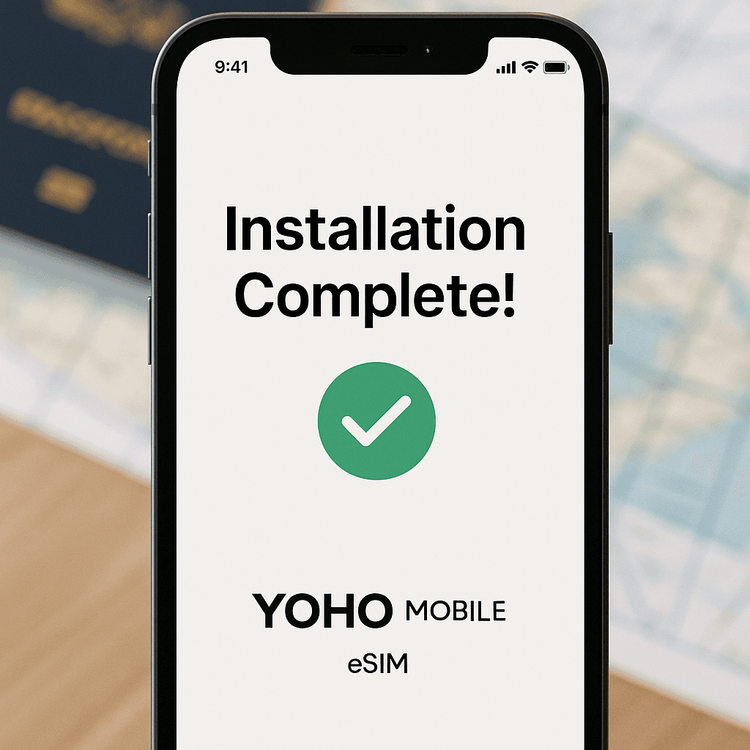 Illustration of a smartphone screen showing the successful one-click installation of a Yoho Mobile eSIM, highlighting the ease of setup.