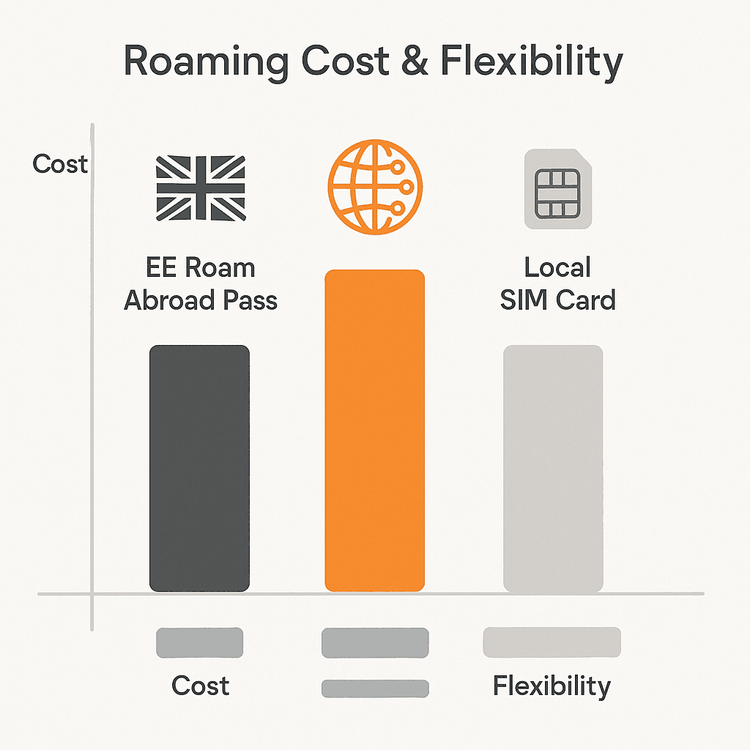Infographic comparing the cost and flexibility of Yoho Mobile eSIM, EE Roam Abroad Pass, and local SIM cards for UK travellers.