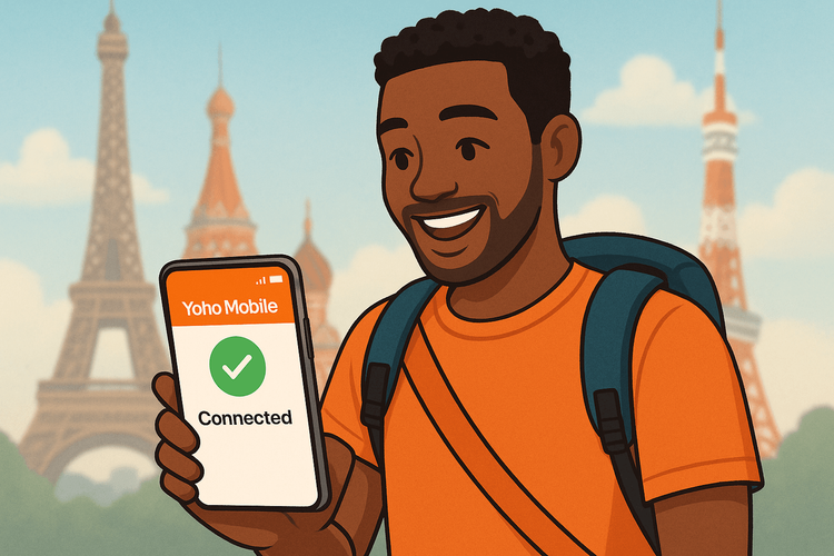 A happy traveler successfully connected to the internet using a Yoho Mobile eSIM.