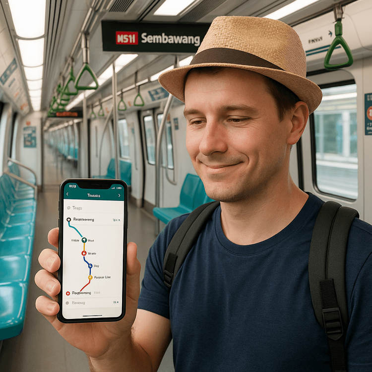 A tourist confidently using a travel app on their smartphone to navigate the Singapore MRT system.