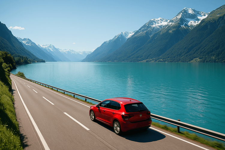 A car driving on a scenic road next to a beautiful turquoise lake in the Swiss Alps, representing the ultimate Switzerland road trip.