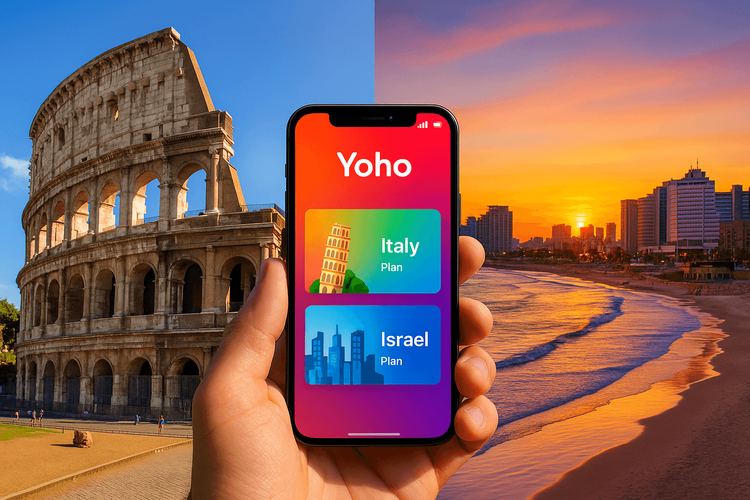 A phone displaying Yoho Mobile eSIM plans for Italy and Israel, with the Colosseum and Tel Aviv skyline in the background.