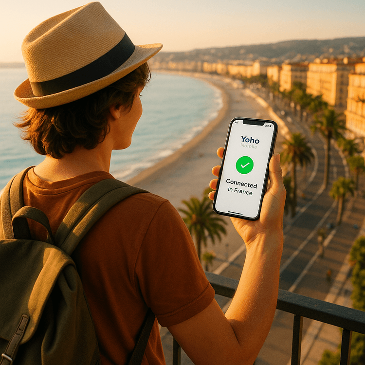 A traveler enjoying the view in Nice while staying connected with a Yoho Mobile eSIM on their smartphone.