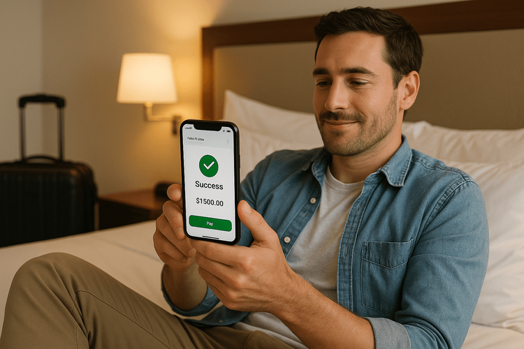A traveler securely using their banking app on a smartphone with a Yoho Mobile eSIM.