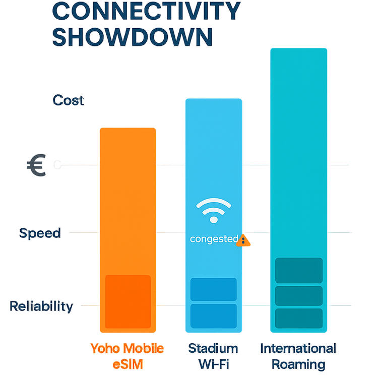 Infographic comparing the cost, speed, and reliability of Yoho Mobile eSIM versus stadium Wi-Fi and international roaming at Camp Nou.