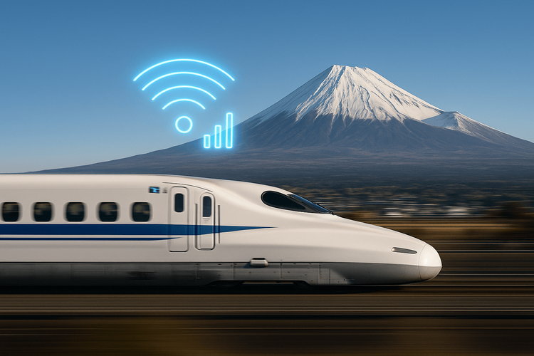 A Shinkansen bullet train speeding past Mount Fuji, illustrating the challenge of staying connected while traveling in Japan.