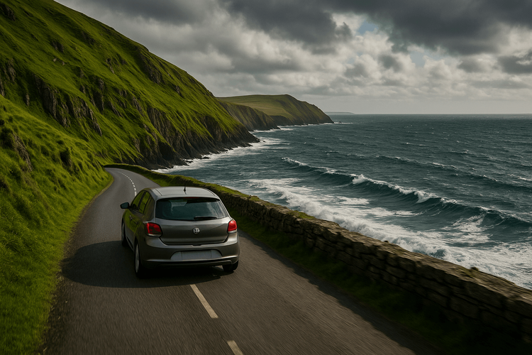 A car navigating the scenic coastal drive of the Wild Atlantic Way in Ireland.