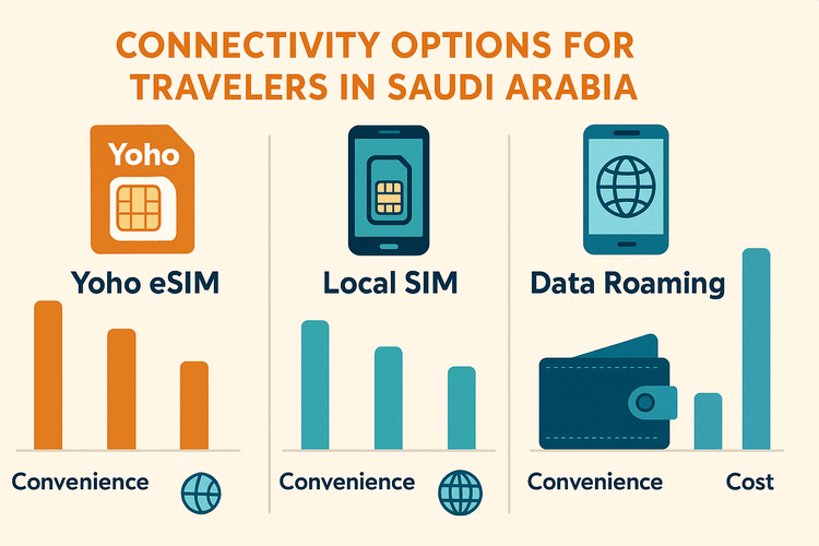 Infographic comparing the cost, convenience, and coverage of Yoho eSIM vs. a local SIM and data roaming for travel in Saudi Arabia.