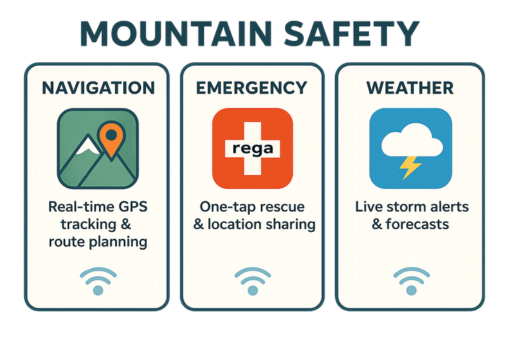 Infographic showing essential apps for Swiss Alps safety: SwissTopo for navigation, Rega for emergencies, and MeteoSwiss for weather.