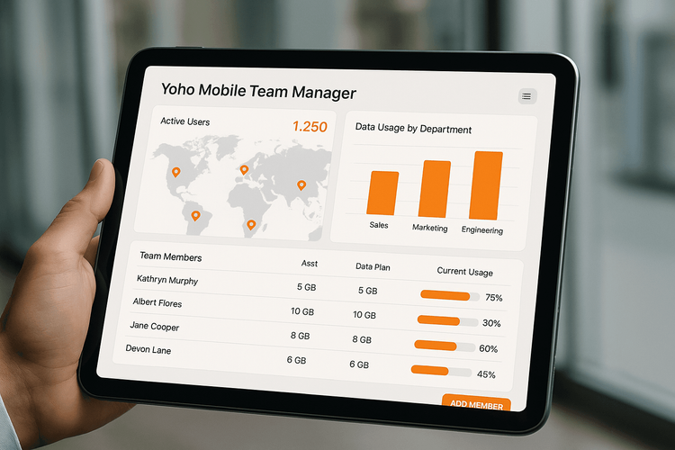 A mockup of the Yoho Mobile for Business dashboard showing centralized management of team data plans and usage.