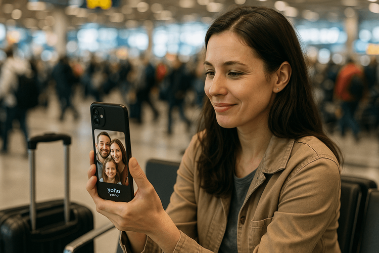 A traveler calmly video-calling family from a chaotic airport using a reliable Yoho Mobile eSIM connection.