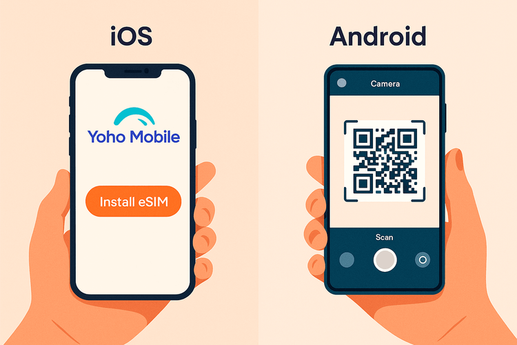 Comparison of the simple one-tap eSIM installation on iOS versus the QR code scanning method on Android for Yoho Mobile.
