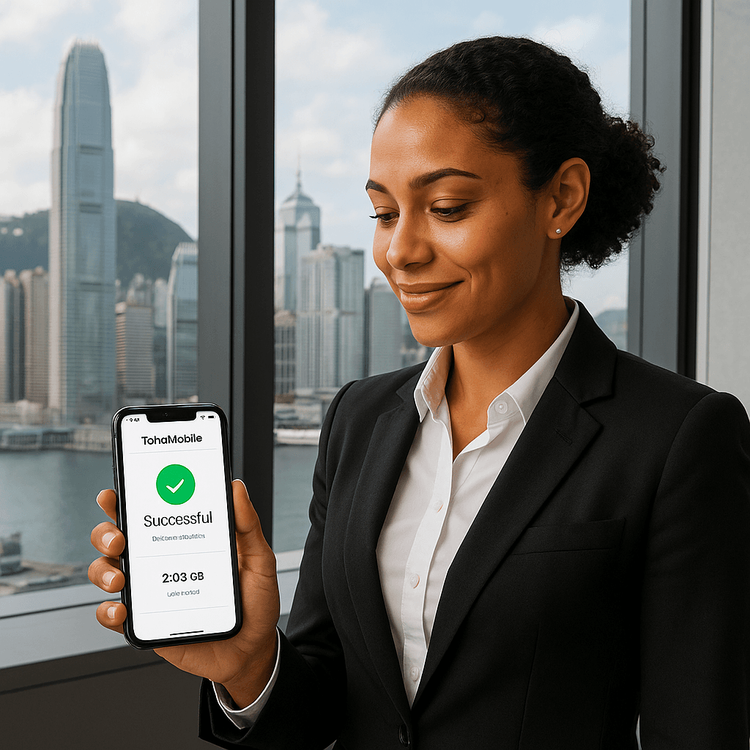 A business traveler using a Yoho Mobile eSIM on their smartphone in a Central, Hong Kong office.