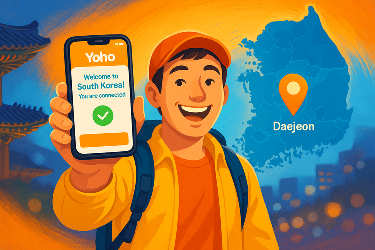 Traveler arriving in South Korea and getting instant connectivity in Daejeon with a Yoho Mobile eSIM.