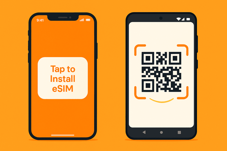 A visual comparison of the simple tap-to-install eSIM process on iOS versus the QR code scan method on Android.