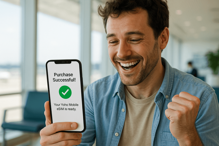 A person happily looking at their phone after a successful Yoho Mobile eSIM purchase.