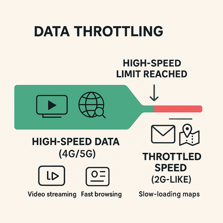 Infographic explaining how data throttling works by reducing internet speed after a high-speed data limit is reached.