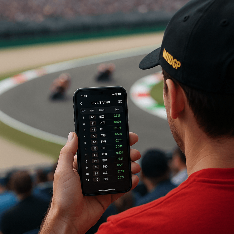 A MotoGP fan using a smartphone with a strong 5G signal to follow the race live from the stands.