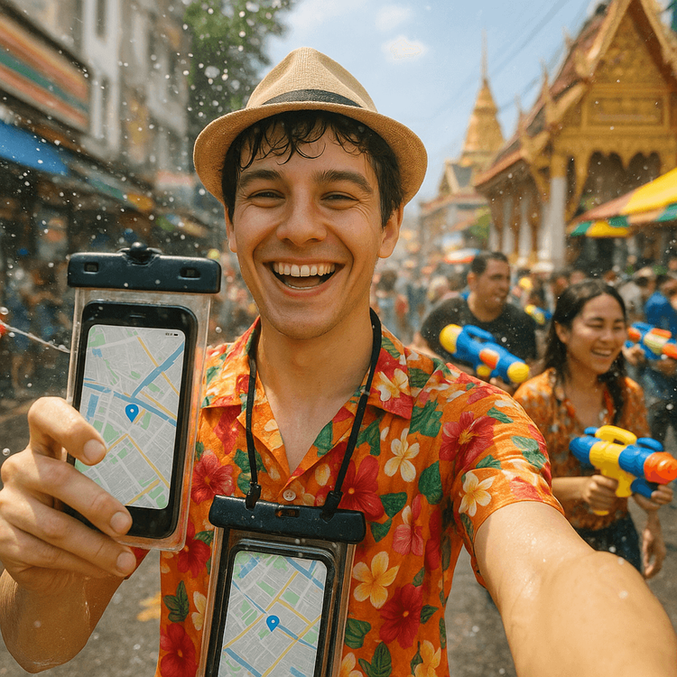 A traveler using their phone with a Yoho Mobile eSIM in a waterproof case during Songkran in Thailand.