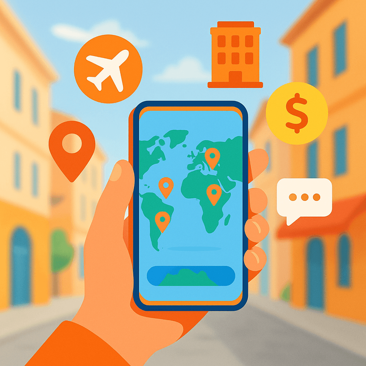 A smartphone displaying a map and surrounded by icons for the best travel apps.