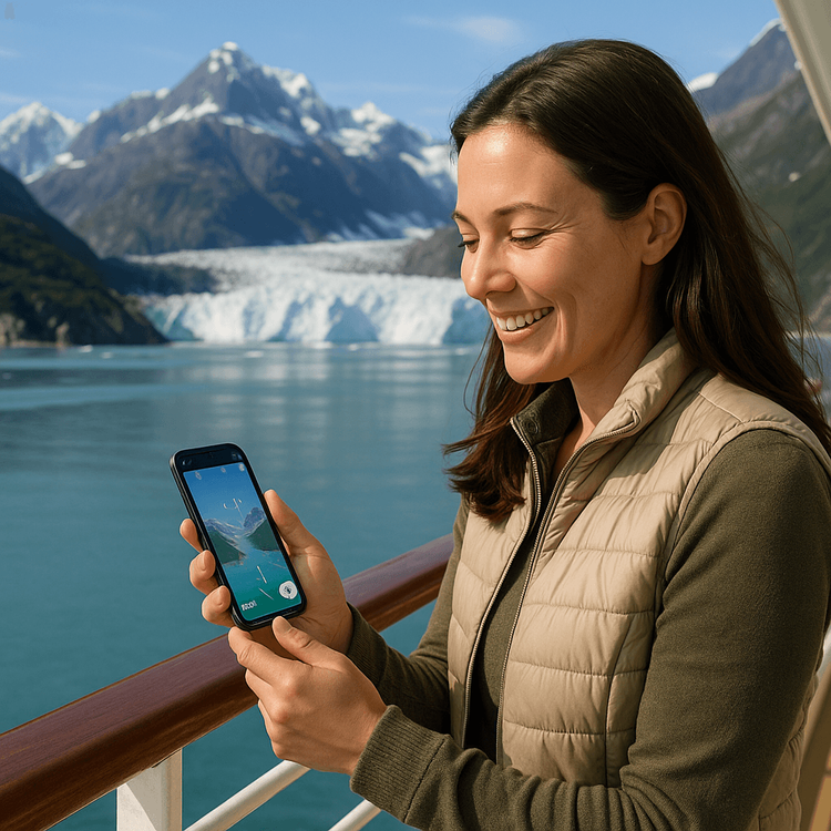 A happy traveler using her Yoho Mobile eSIM on her phone while on an Alaska cruise balcony with glaciers in the background.