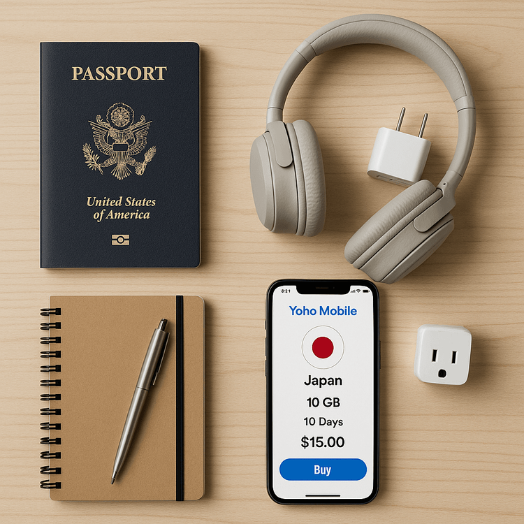 A flat lay of travel essentials including a passport, headphones, and a smartphone with the Yoho Mobile app open.