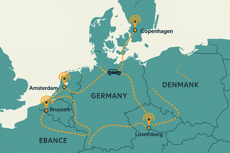 Map illustrating seamless connectivity with a Yoho Mobile eSIM on a road trip from Germany to Denmark and through the Benelux countries.