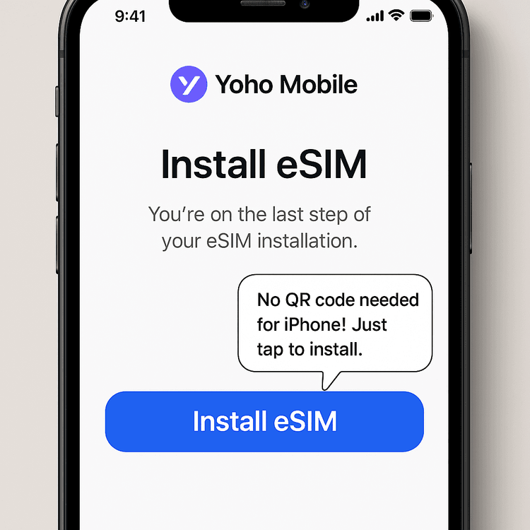 Easy one-tap installation process for Yoho Mobile eSIM on an iPhone without a QR code.