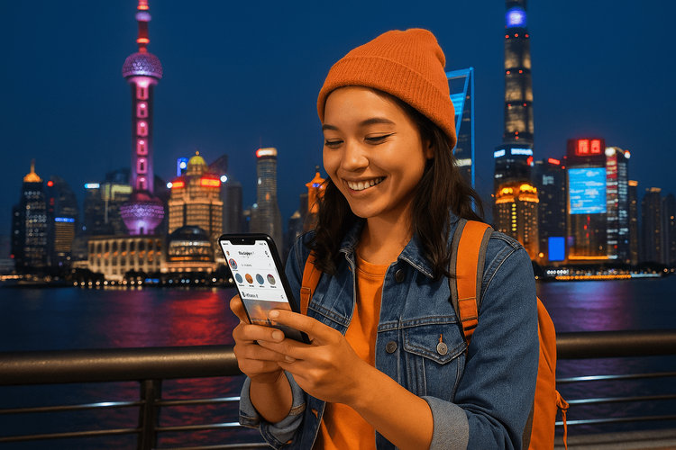 A traveler using her phone with an eSIM in Shanghai, easily accessing Instagram thanks to unrestricted internet.