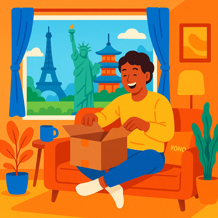 Illustration of a person happily unboxing an international package at home.