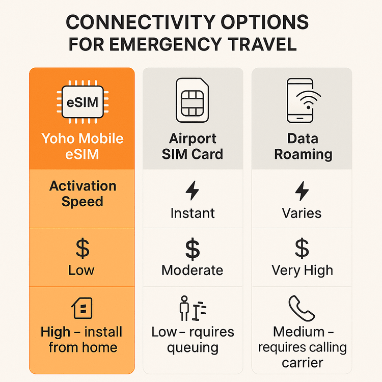 Infographic comparing Yoho Mobile eSIM, Airport SIM, and Data Roaming for emergency travel based on speed, cost, and convenience.