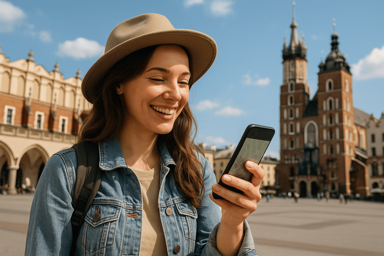A happy traveler using her smartphone for directions in the main market square of Krakow, Poland, with historic buildings in the background.
