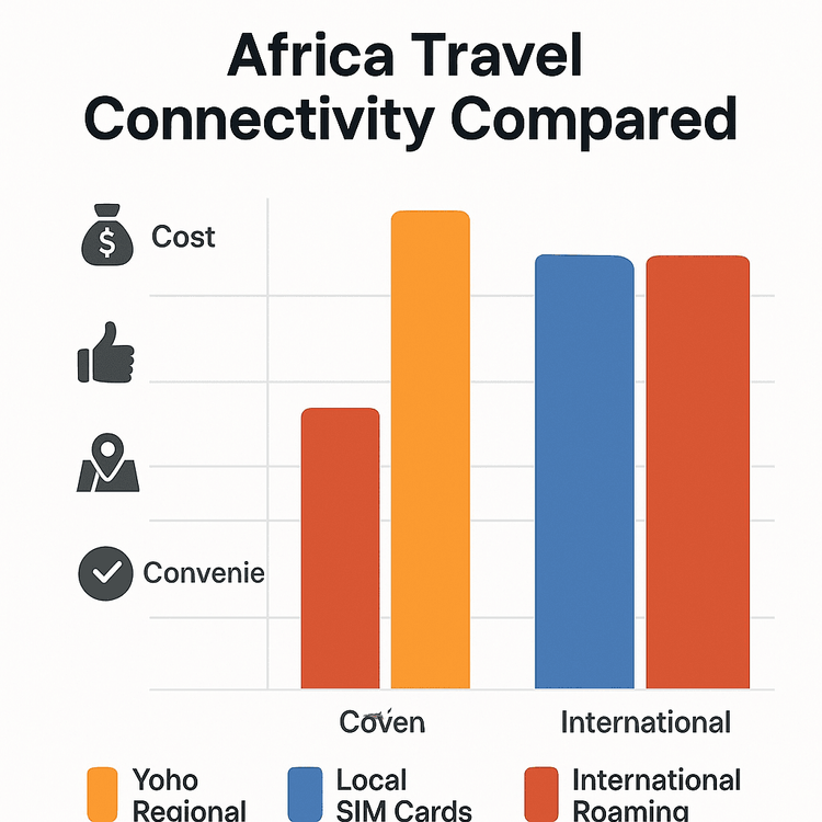 Infographic comparing the cost, convenience, and coverage of Yoho Regional eSIM, Local SIMs, and International Roaming for travel in Africa.