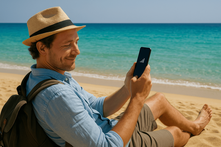 A traveler enjoying seamless mobile connectivity with their smartphone on the beautiful Plaka Beach in Naxos, Greece.