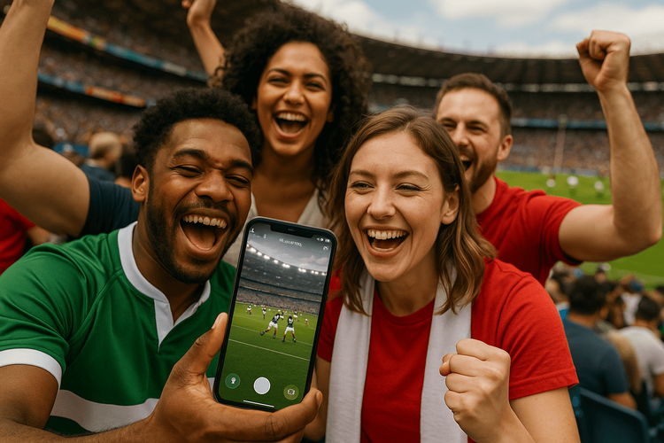 Rugby fans celebrating a try in a stadium while staying connected with Yoho Mobile eSIM.