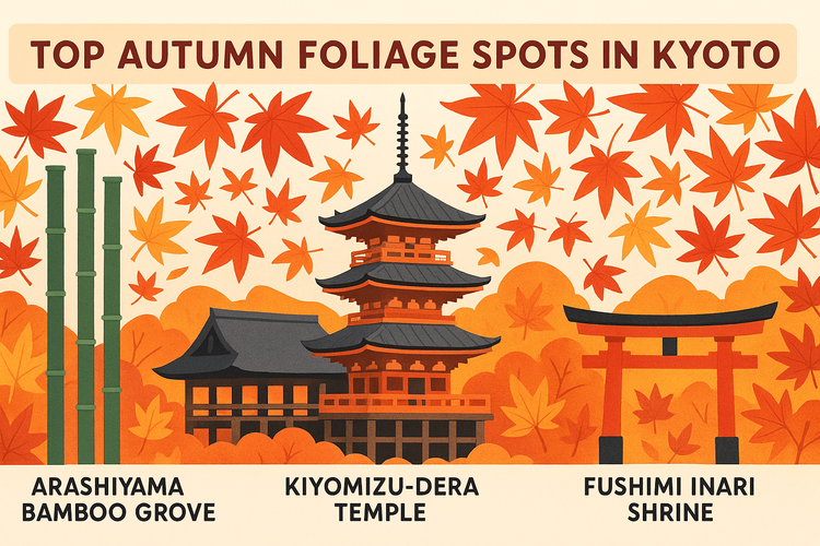 An illustrative map of top autumn foliage spots in Kyoto, including Arashiyama, Kiyomizu-dera, and Fushimi Inari.