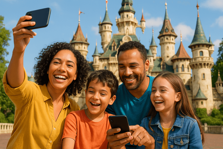 A happy family using their phones to navigate and capture memories at the Efteling theme park, staying connected with their travel eSIM.