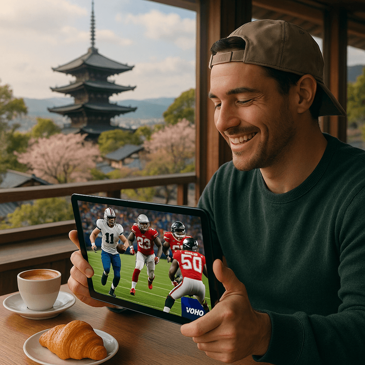 A traveler enjoying a live NFL game on their tablet in a Japanese cafe, using a reliable eSIM for streaming.