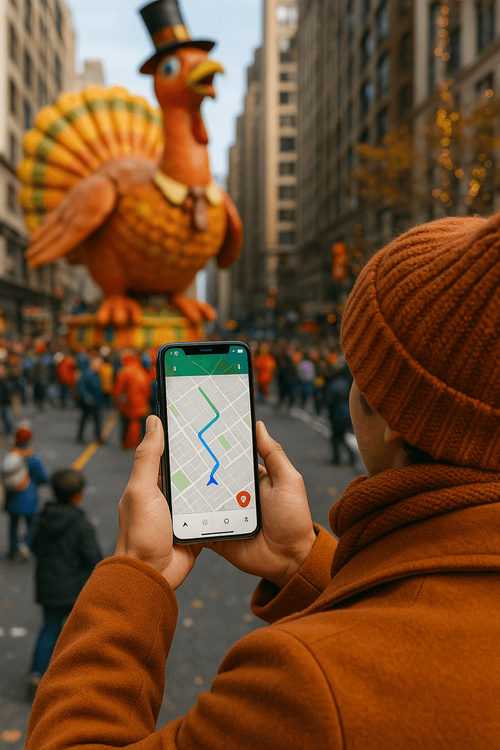 A traveler using their phone with a Yoho Mobile eSIM for directions during the busy Macy's Thanksgiving Day Parade in New York.