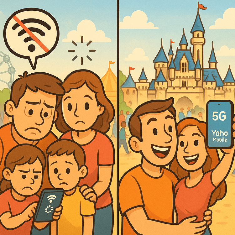 Illustration showing the frustration of bad park Wi-Fi versus the convenience of a reliable Yoho Mobile eSIM connection.