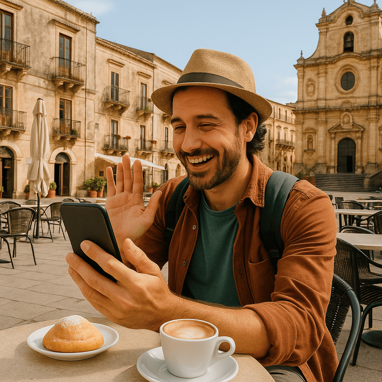 A happy traveler video calling family from a cafe in Sicily, using a fast Yoho Mobile eSIM data connection.
