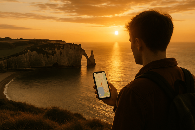 A traveler using their phone for navigation with a Yoho Mobile eSIM at the Étretat cliffs in Normandy.