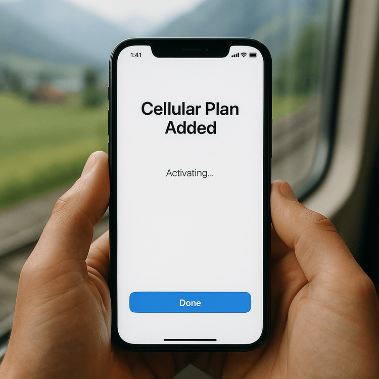A user effortlessly activating a Yoho Mobile eSIM on their iPhone, preparing for their trip to Switzerland.