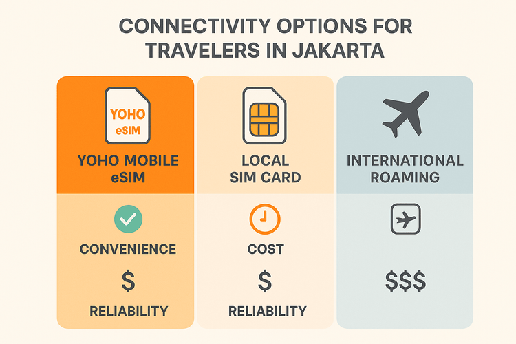 An infographic comparing the cost, convenience, and reliability of a Yoho Mobile eSIM versus a local SIM card and international roaming for a trip to Jakarta.