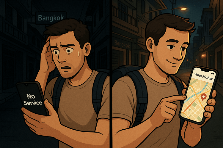 A visual comparison of a traveler in Bangkok without internet in an emergency versus one using Yoho Mobile to find help.